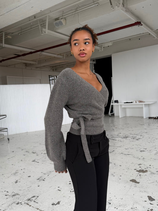 Wool blend wrap cardigan - lys grå/brun (forudbestilling)