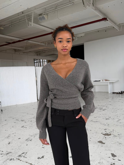 Wool blend wrap cardigan - Light grey/brown 