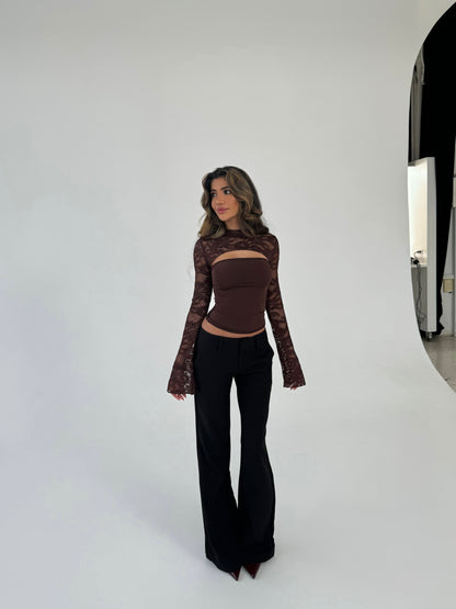 Lara Lace Long Sleeve Top - Dunkelbraun