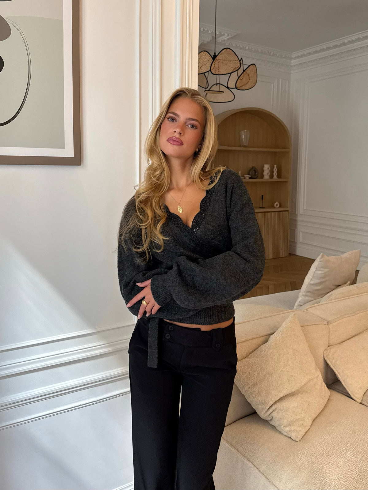 Wool Crochet Wrap Cardigan – Dunkelgrau