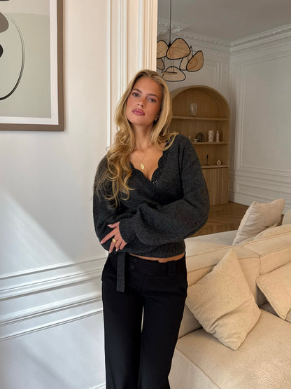 Wool Crochet Wrap Cardigan – Dunkelgrau