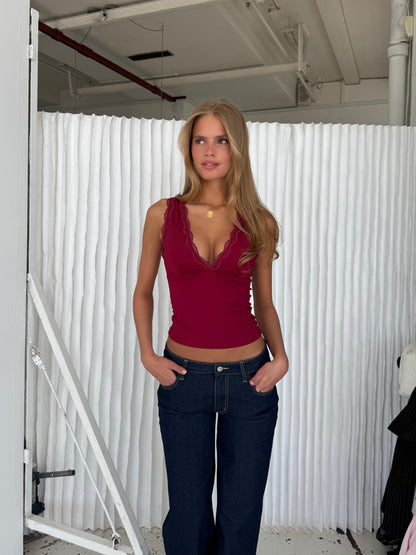 Basic lace top - mørk rød
