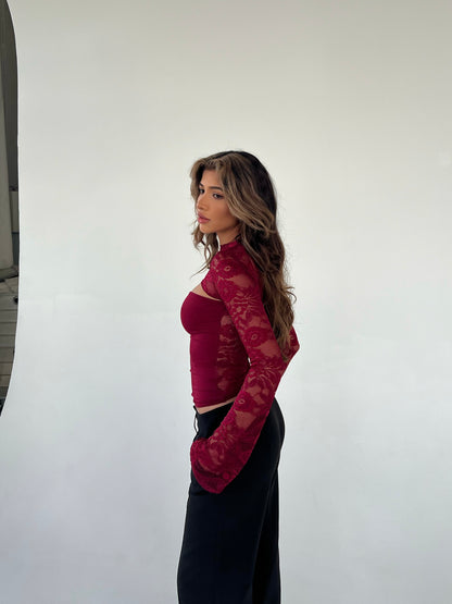 Lara Lace Long Sleeve Top - dunkelrot
