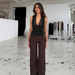 Button low waist bukser - mørk brun