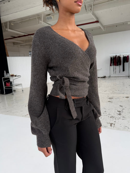 Wool blend wrap cardigan - mørk grå/brun (forudbestilling)