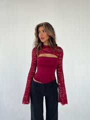 Lara lace long sleeve top - dark red 