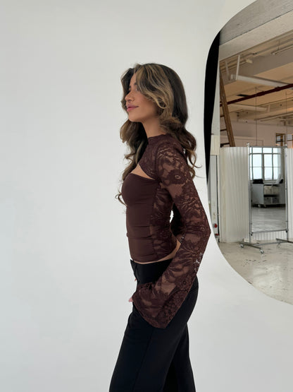 Lara Lace Long Sleeve Top - Dunkelbraun