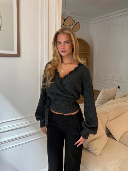 Wool Crochet Wrap Cardigan – Dunkelgrau
