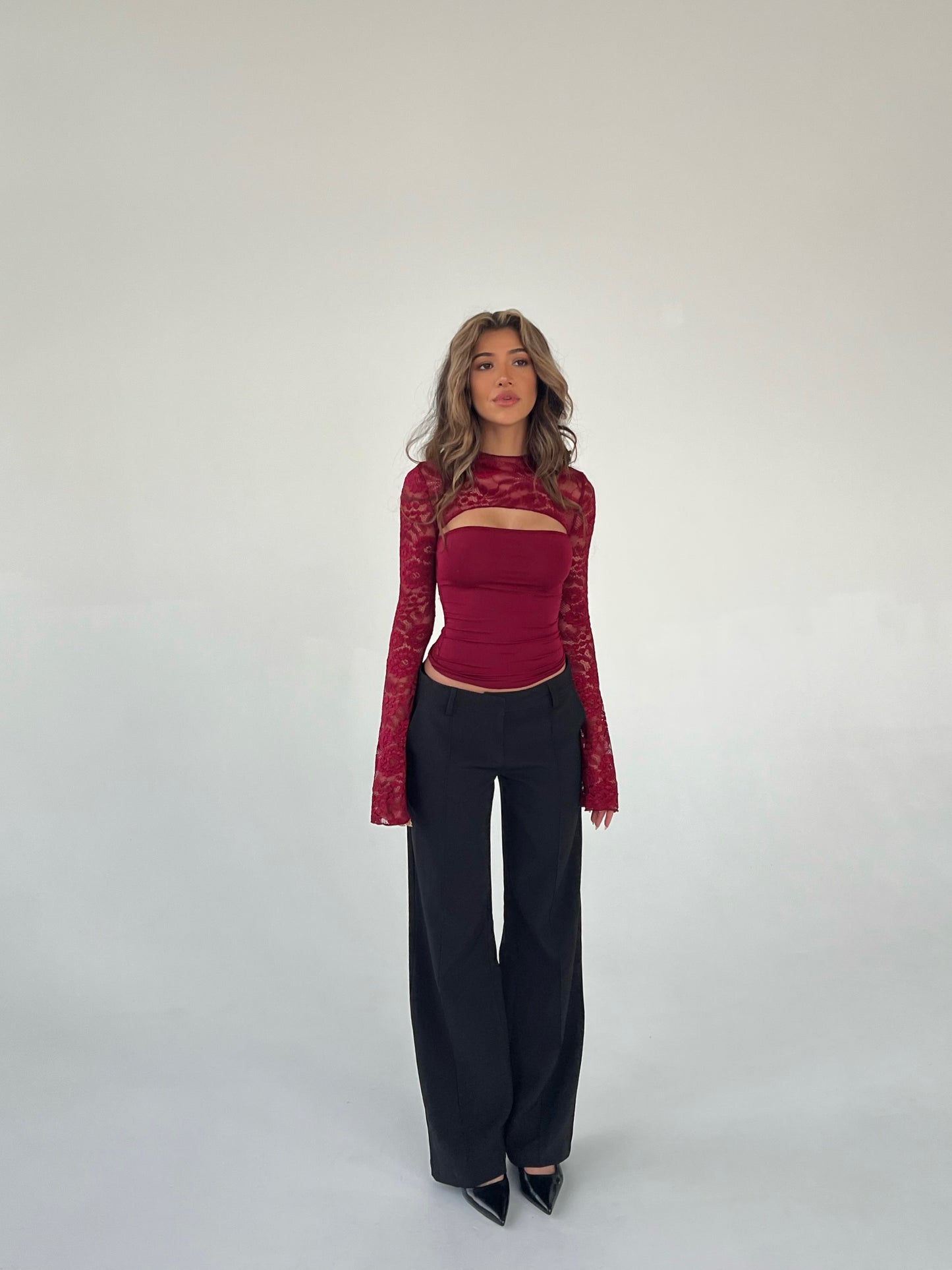 Lara Lace Long Sleeve Top - dunkelrot