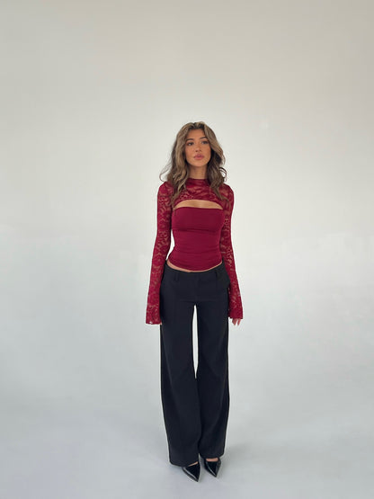 Lara Lace Long Sleeve Top - dunkelrot