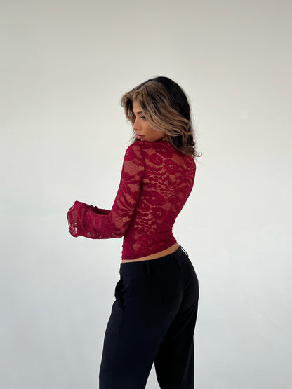 Lara Lace Long Sleeve Top - dunkelrot