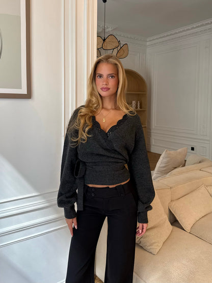 Wool Crochet Wrap Cardigan – Dunkelgrau